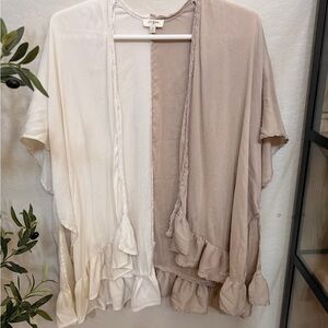Umgee Two-Tone Ruffle Open Cardigan - Cream & Taupe